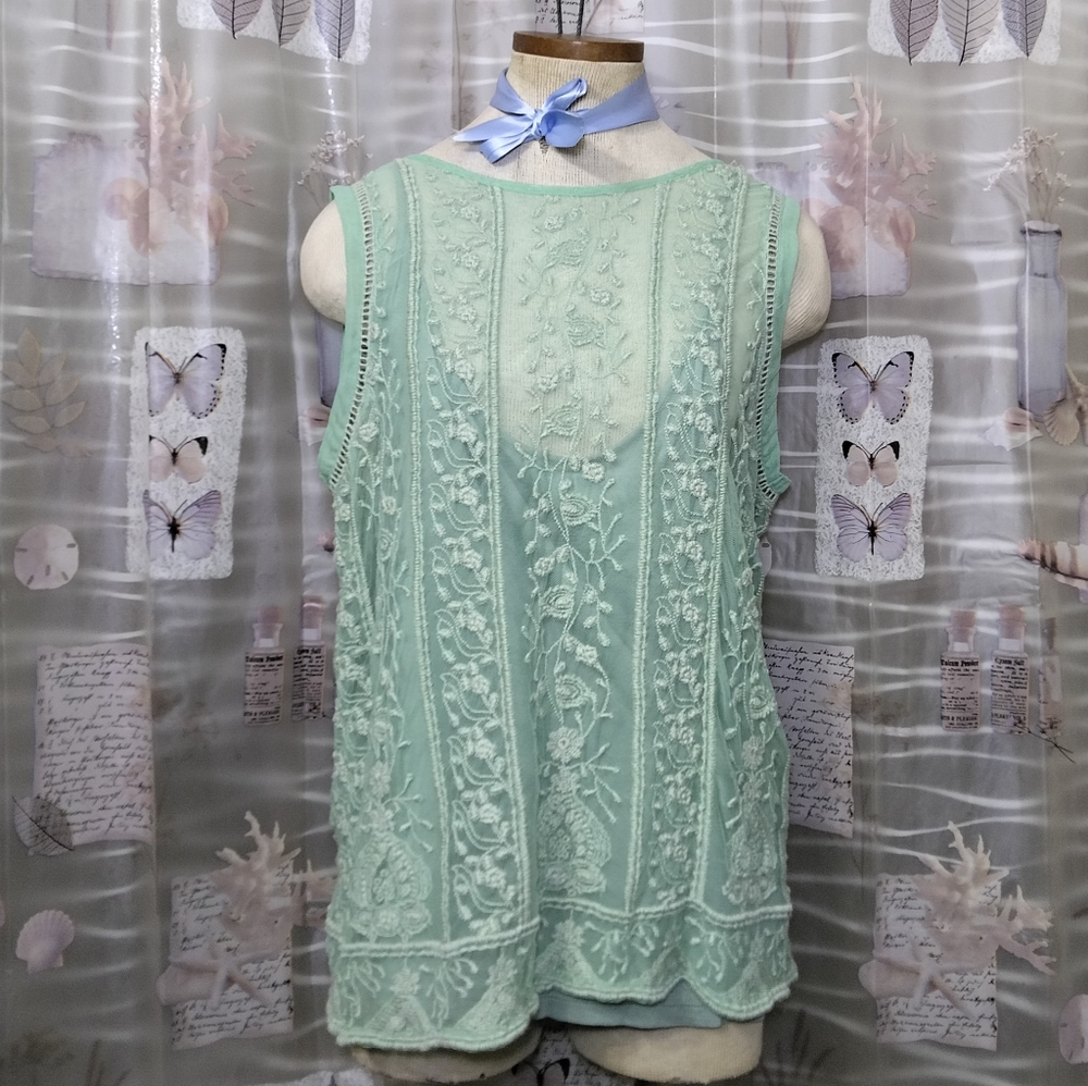 NWTSundance Embroidered Floral Sheer Mint Green Lace Boho Sleeveless Top Lined L - Picture 5 of 15